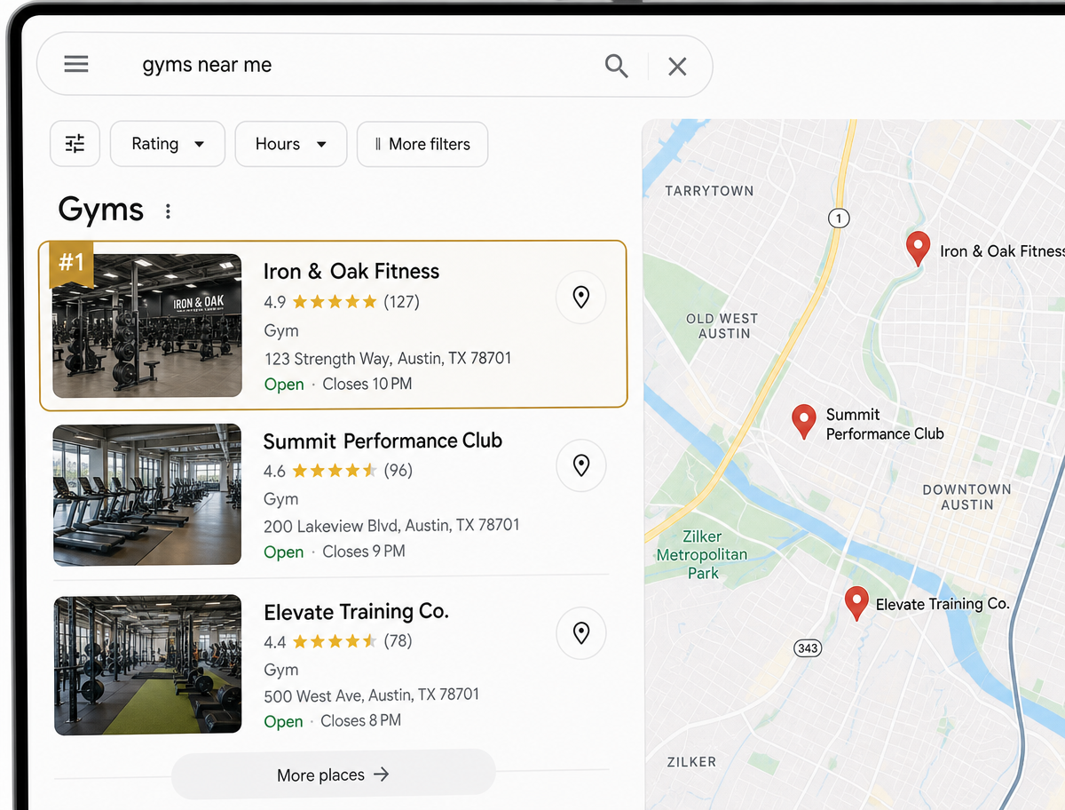 Google Maps local pack showing a gym ranked number one for gyms near me